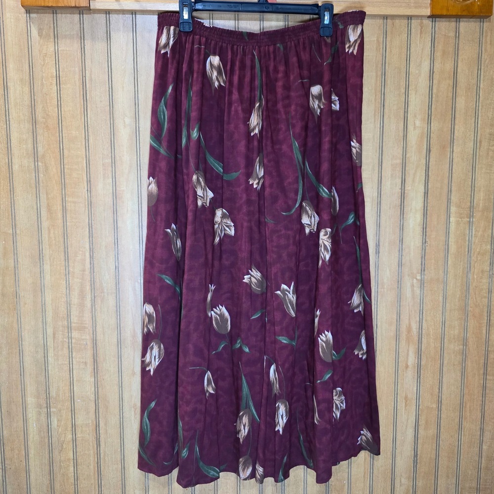 Liz Baker Essentials Maxi Skirt Plum Floral Tulip Print Y2K‎ Elastic Waist 1X